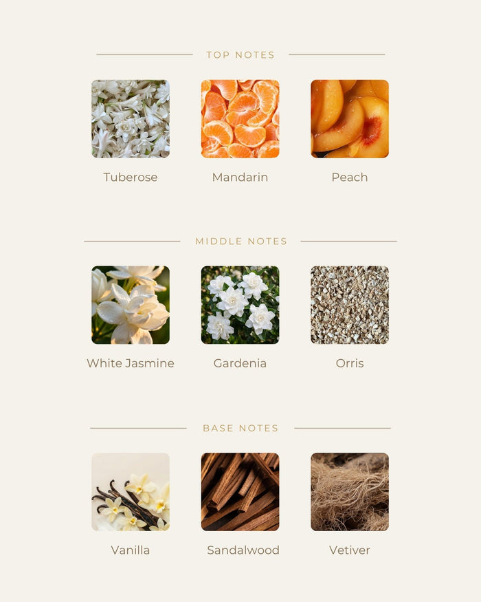 Noty vône Hundred Silent Ways: Tuberose, Mandarin, Peach, White Jasmin, Gardenia, Orris, Vanilla, Sandalwood, Vetiver